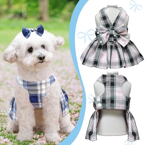 Dog Dress Bowknot Harness Leash Set for Small Dogs Girl Cute Plaid Dog Dress Pearls Bow Tie Spring Summer Princess Clothes...