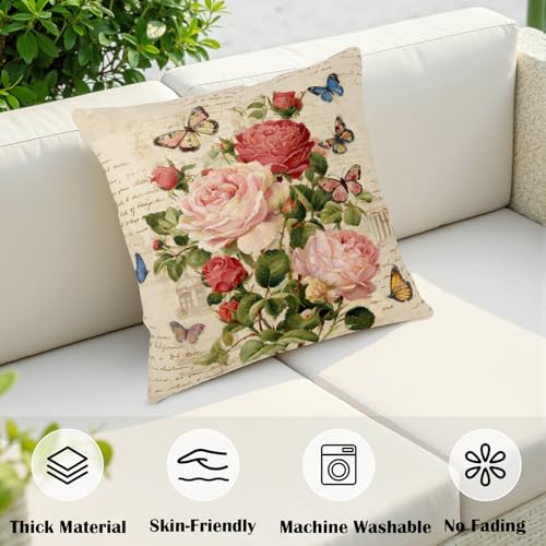 Kwlegh Vintage Rose Flower Pillow Covers Spring Summer Butterfly Floral Throw Pillow Covers 18x18 Set of 2 Rustic Rose Far...