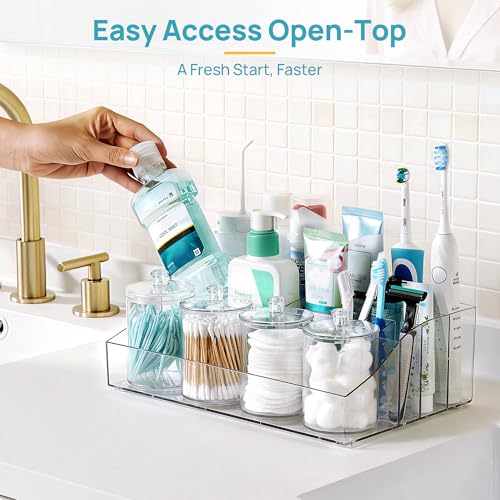 Vtopmart 5 PCS Bathroom Countertop Organizer, 1 Divided Tray with 4 Qtip Holder Jars, Restroom Clear Organizers for Toothb...