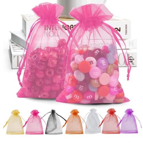 ANZNKU Pink Organza Bags 4 x 6 in 50PCS, Small Gift Bags for Goodie Candy Jewelry Soap Packaging, Cute Little Mesh Bag Dra...