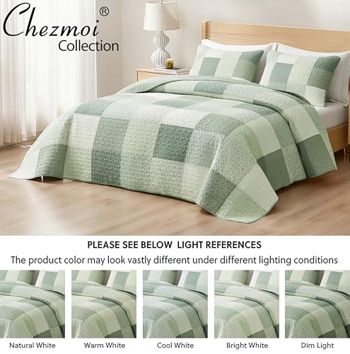 Chezmoi Collection Orna 3-Piece Chic Patchwork Quilt Set - Green Floral Patch Coverlet - Pre-Washed Cotton Lightweight Rev...