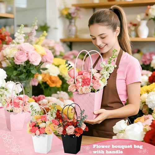 tchrules 30pcs Flower Box for Arrangement, Waterproof Bouquet Wrapping Bag With Handle Pink White Black Paper Floral Box f...