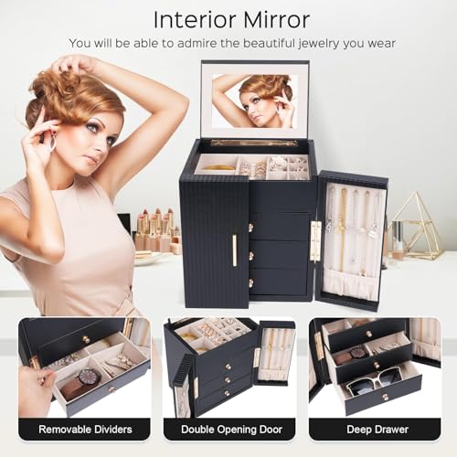 Dajasan Large Jewelry Box for Women, Jewelry Organizer Box with 3 Drawers, Jewelry Storage Organizer with Mirror for Neckl...