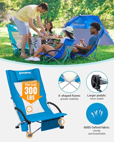 KingCamp Low Beach Chair, High Back Folding Camping Chair for Adults, Oversized Breathable Mesh Seat, 300lbs Heavy Duty Po...