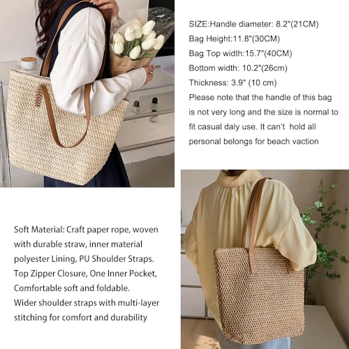 Kehpish Large Straw Shoulder Bag Summer Beach Bag for Women Straw Tote Bag Handbag With Zipper Summer Shoulder Bag