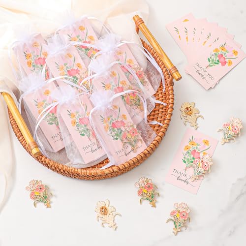Remuuly 25 Sets Thank You Gift for Women Pink Flower Brooch Pins Bulk with Card Bags Appreciation Gift for Coworker Teache...