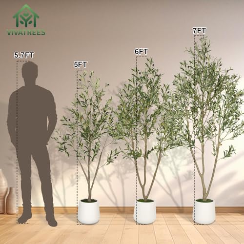 VIVATREES Olive Trees Artificial Indoor, 5FT Tall Faux Olive Tree with White Tall Planter, Artificial Plants with Natural ...