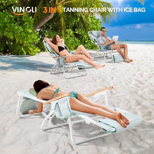 VINGLI Deluxe 3 in1 Beach Chair, Tanning Chair with Face Hole, Reclining Lounge with Foot Rest, Cup Holder and Storage Ba...