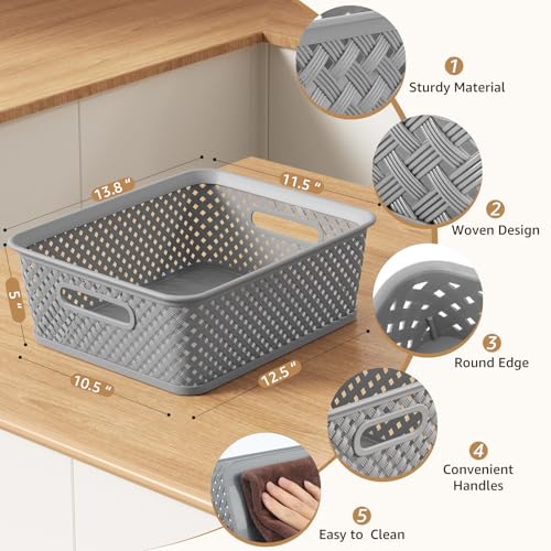 MaxGear Organization and Storage 3 Packs, Plastic Bins Organizer Bins, Woven Baskets for Storage, Plastic Baskets with Han...
