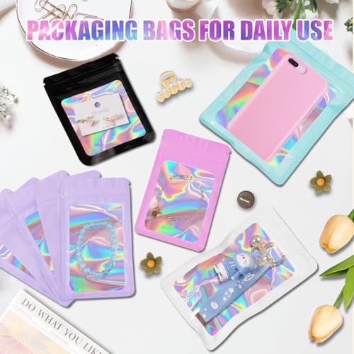 JETMORE 100 pcs Holographic Mylar Bags, Resealable Packaging Bags for Small Business, Freshie Supplies, Candy Sample Jewel...