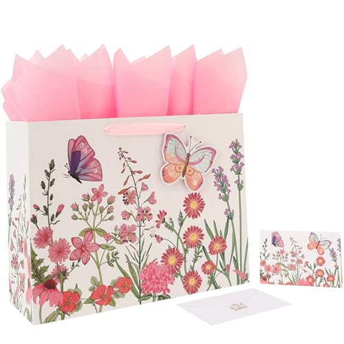 Qirrmiy 16.5” Extra Large 3D Butterfly Gift Bag Set with Handles, Greeting Card, Pink Tissue Papers and Stickers for Women...