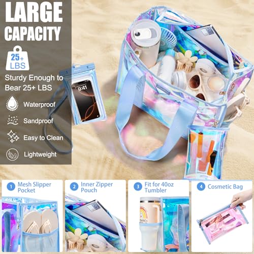 Bagstellar Iridescent Beach Tote Bags for Women, Large Zipper Beach Pool Swim Bag with Makeup Bag & Waterproof Phone Pouch...