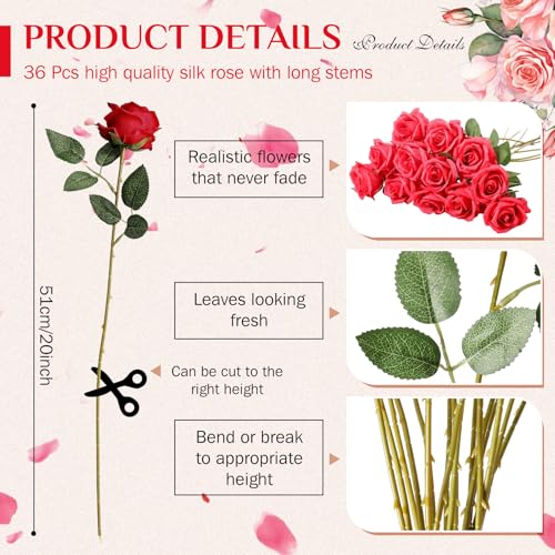 Zeyune 36 Pack Mother's Single Rose with Sleeves Set, Artificial Red Roses Bulk with Flower Sleeves, Single Stem Flower Wr...