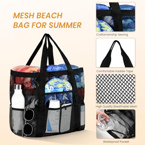 Tavaleu Mesh Beach Bag - Large Beach Tote with Multi Functional Pockets for Family Travel/Vacation