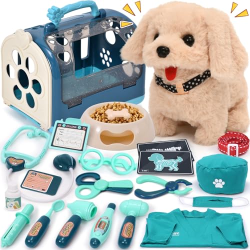 G.C 22Pcs Dog Toys for Kids Doctor Kit, Walking Barking Electronic Interactive Stuffed Dog Vet Kit Costume Pretend Play Pu...