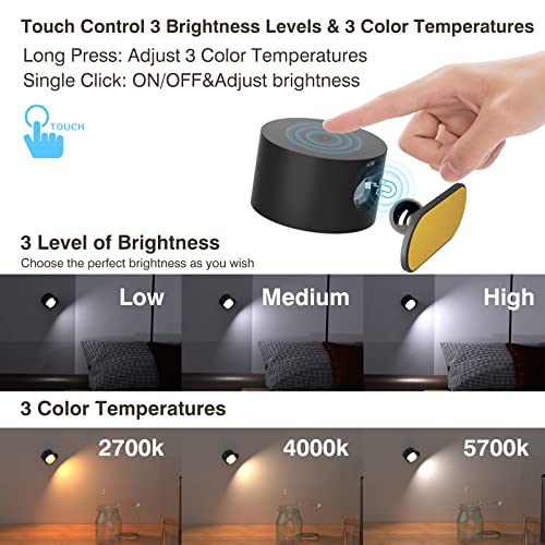 Koopala LED Reading Lights, Wall Mounted Sconces with 3 Color Temperatures & 3 Brightness Levels Rechargeable Battery Magn...
