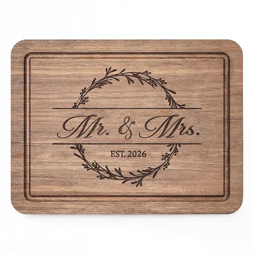 Craftique Wedding Gifts for Couples 2026, Bridal Shower Gifts- Walnut Wood Cutting Board Engraved with Mr. and Mrs. EST. 2...
