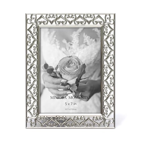 MIMOSA MOMENTS 5x7 Silver Heart Metal Picture Frame with Rhinestones, Decorative Photo Frame for Wedding, Anniversary, Bir...