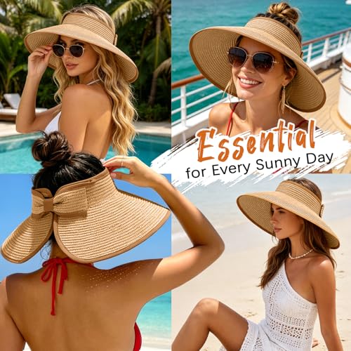 Sun Hats Visor for Women, UV UPF Straw Beach Hat Foldable Wide Brim Ponytail Summer Hats Packable Travel