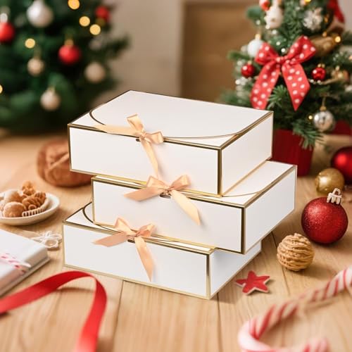 10Pack White Gift Boxes, 10.6x7.8x3.1Inch Bridesmaid Proposal Box with Ribbons, Gift Boxes with Lids for Presents, Mother'...