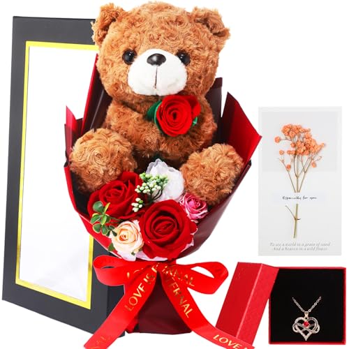 PullCrease Bear Flower Bouquet for Women 15in Rose Plush Bear Box Artificial Bouquet Necklace and Card for Graduation Anni...