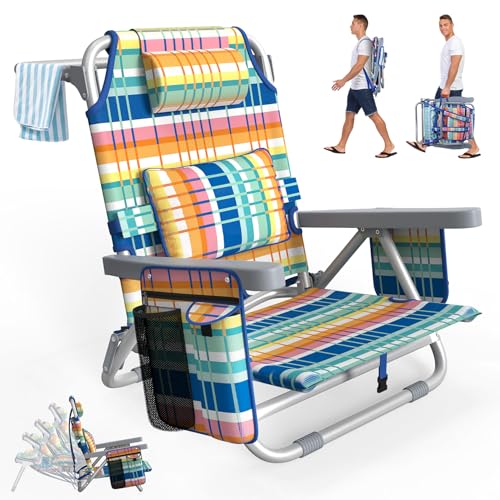 Suteck Beach Chair, Adjustable 5-Position Backpack Beach Chairs for Adults Kids, Foldable Lay Flat Chair with Cooler Bag, ...