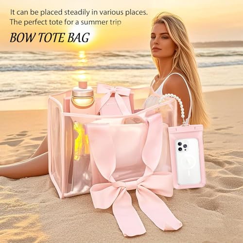 GEVICK Pink Jelly Tote Bag, Bow Tote Bags for Women,Beach Bags for Women,Pool Bags for Girl,Cute Beach Waterproof Tote Bag