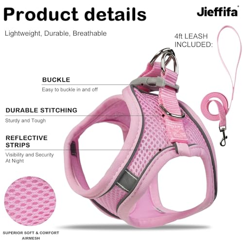 Jieffifa Cat Harness and Leash Set - Adjustable Soft Vest, Reflective Step-in Design for Safe Walking (Pink)