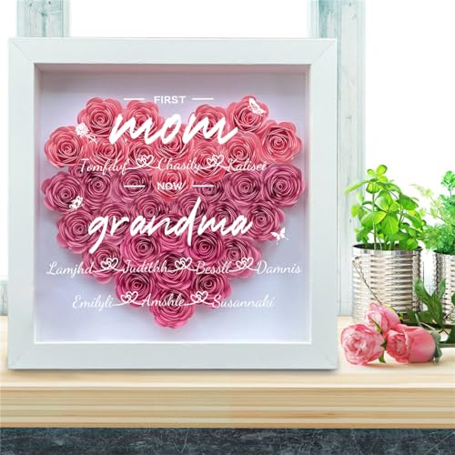 Wasetell Personalized First Mom Now Grandma Rose Flower Shadow Box with Name Mother's Day Heart-Shaped Frame Personalize G...