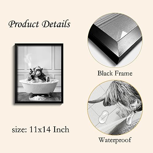 Framed Bathroom Decor Wall Art, Chimpanzee in Bathtub, Black and White Wall Art, Funny Bathroom Wall Decor Signs, Cute Ani...