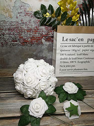 J-Rijzen Artificial Flowers 50PCS Real Looking White Fake Roses with Stem for DIY Wedding Bouquets Centerpieces Party Baby...