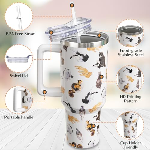 qoepfnsh 40 oz Cat Tumbler with Handle and Straw, Stainless Steel Vacuum Insulated Travel Coffee Mug Cup Water Bottle, Cat...