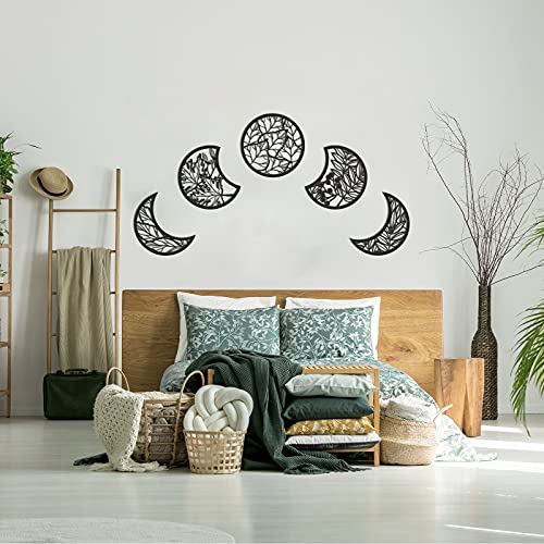 Jetec 5 Pcs Moon Phase Wall Art Decor Wall Pediments Hanging Wooden Phase Spiritual Bedroom Nordic Boho Lunar Aesthetic Ar...