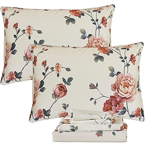 FADFAY Sheets Set Twin Shabby Beige Floral Bedding Elegant Peony Sheets Set Vintage Flower Bedding Collections Soft 100% E...
