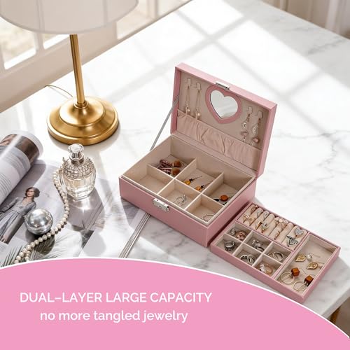Jewelry Box Organizer for Women, 2-Layer Large Jewelry Storage Boxes with Mirror Ideal Gift Earrings Box Case for Necklac...