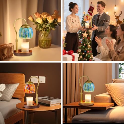 Blue Opal art glass Candle Warmer Lamp with Wood Base - Height Adjustable, 2/4/8H Timer, 4-Level Dimmer - Includes 2 GU10 ...