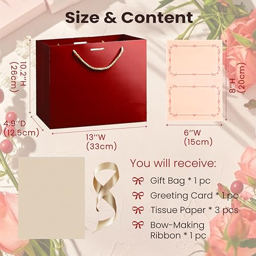 PrintGuru 13” Large Red Gift Bag with Handles, Mother’s Day Gift Bag, Birthday Gift Bag with Tissue Paper and Greeting Car...