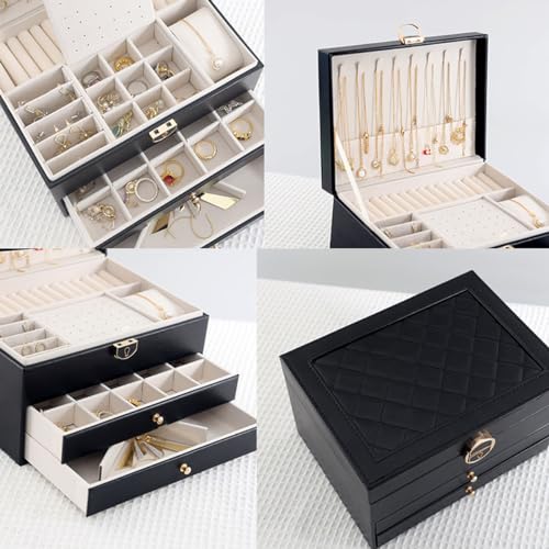 GUOER Jewelry Box for Women Girl Wife 3 Layers Large PU Leather Jewelry Organizer Storage Case with Two drawers Display fo...