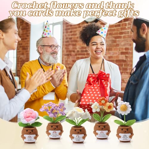 Geelin 6 Sets Positive Teacher Appreciation Gift Mini Crochet Flower Potted Doll with Card Emotional Rose Daisy Support Th...