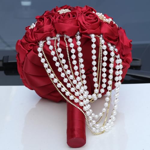 TUAGYMKR Handmade Satin Rose Water Drop Bridal Bouquet,8.7inch Crystal Wedding Round Tossing Bouquet,Jewelry Proposal Brid...
