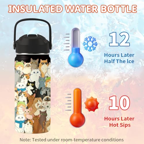 TNASURHUS 16oz Cats Water Bottle with Straw Lid for Cat Lover, Stainless Steel Insulated Tumbler, Leakproof, BPA-Free, for...
