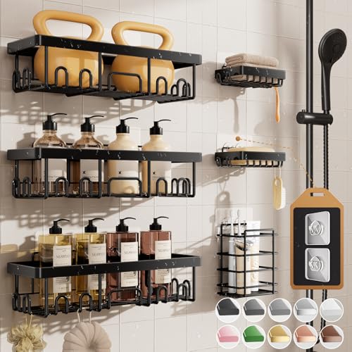 Veken Shower Caddy 6-Pack, Advanced Rustproof Design, No Drilling Adhesive Shelves, Rack with Soap Holder, Large Capacity ...