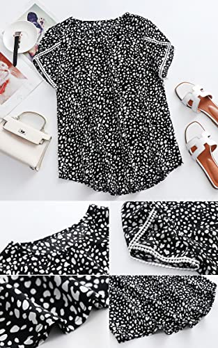 Angashion Women's Tops Casual Floral Print Lace Crochet Short Sleeve Crewneck Summer Loose Blouse Shirt Tunic Top