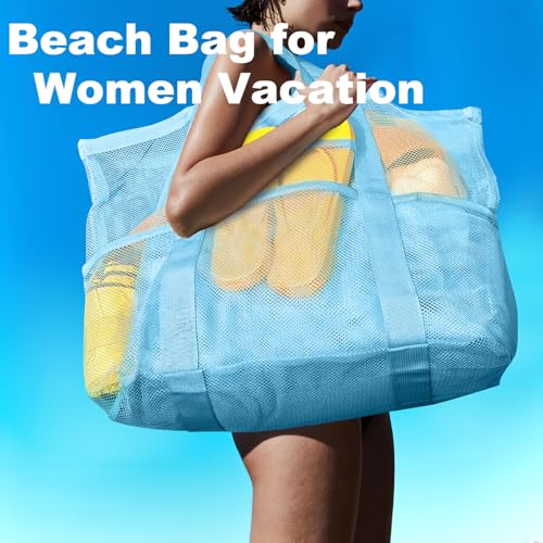 CaCTOUR Mesh Beach Bag,Large Beach Bags for Women with 8 Pockets,Packable Tote Bag for Beach Cruise Pool Vacation Essentials