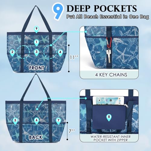 Fammart Mesh Beach Bag for Women, Large Beach Toy Pool Bag with Zipper Pocket, SandProof Cruise Essentials 2026 Family Travel