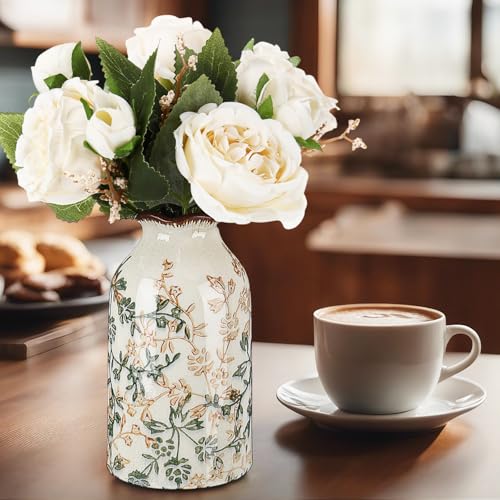 Ninehaoou Green Vintage Vase Ceramic Crackle Floral Vase for Farmhouse Retro Home Bookshelf Living Room Table Centerpiece ...