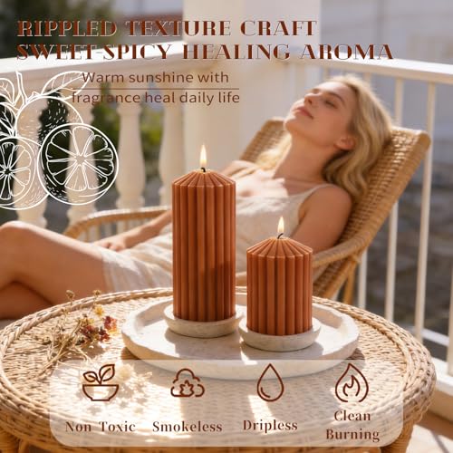 Burnt Orange Ribbed Pillar Candles Set of 3-Spiced Orange,Cinnamon & Clove Scented Soy Wax，Aesthetic Retro Textured Pillar...