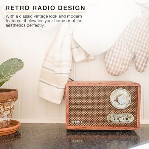 Victrola Willow – Retro Wood Bluetooth Radio with Built-in Speakers: Elegant & Vintage Design, Rotary AM/FM Tuning Dial, B...