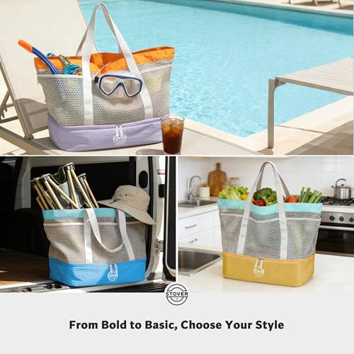 STOVER Extra Large Mesh Beach Bag, Vacation, Pool, Shopping & Travel Tote - Foldable w/Storage Pouch & Pockets for Women, Men