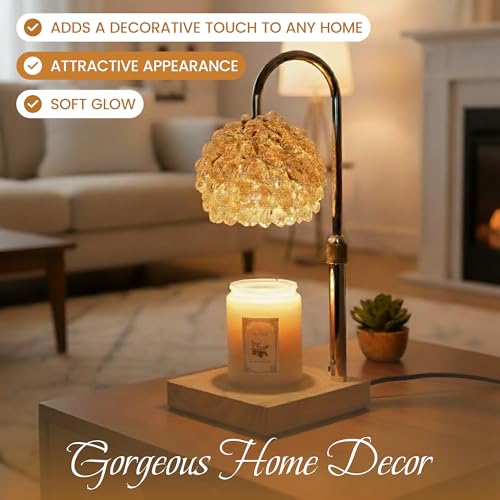 Glass Candle Warmer Lamp with Timer - Adjustable Height Candle Lamp Warmer with Crystal Shade, Timer (8H/4H/2H) - Wax Melt...